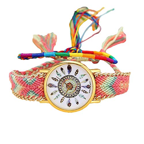 Jewelry Creative Quartz Wrist Watch Colorful Feather Pattern Braided Rope Bracelet for Women Gift E,Colour:C (Color : F)
