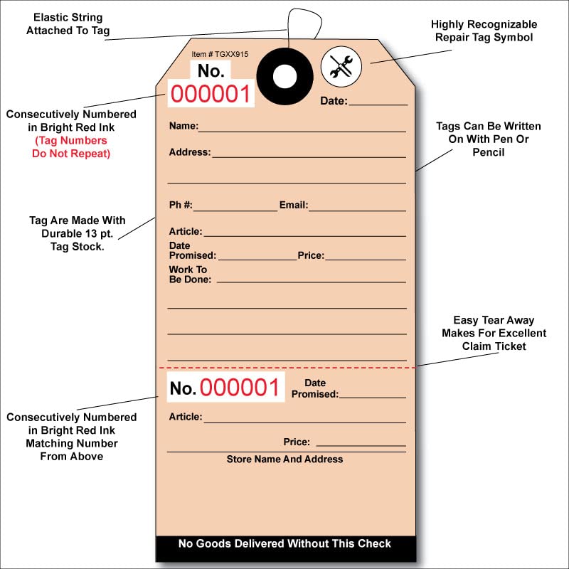 Image of 100 Repair Required Tags, Numbered, with Attached Elastic String. Tags are Printed on Durable 13 Point Cardstock with Patch to Prevent Tearing Around Hole. Easy Tear Away Stub. Size: 5.25 inch x 2.625 inch