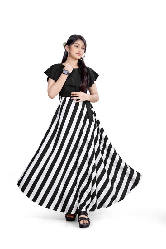 Image of R & R FASHION Girl's Western Style Printed Gown 33 to 44 Crepe Collar Neck Full Length Gown (Multi)