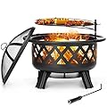 SINGLYFIRE 30 Inch Fire Pits for Outside with Grill Outdoor Wood Burning Firepit Large Steel Firepit Bowl for Patio Backyard Picnic Garden with Swivel BBQ Grill, Ash Plate,Spark Screen, Poker