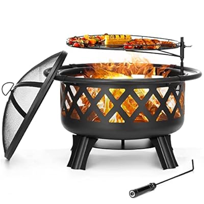 SINGLYFIRE 30 Inch Fire Pits for Outside with Grill Outdoor Wood Burning Firepit Large Steel Firepit Bowl for Patio Backyard Picnic Garden with Swivel BBQ Grill, Ash Plate,Spark Screen, Poker