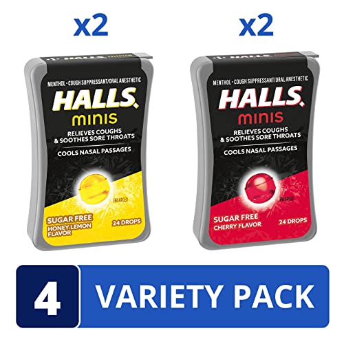 Halls Minis Cherry & Honey Lemon Sugar Free Cough Drops Variety Pack, 4 - 24 Packs (96 Total Drops) #TOP1