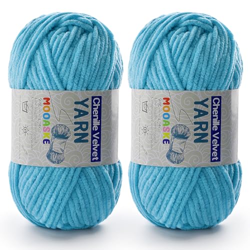 Image of Mooaske Chenille Yarn for Crocheting - Azure, 50g /1.76oz, 60m /65yard, 2 Packs