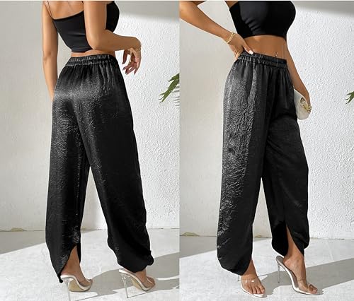 Women's Satin Pants Baggy Dressy Trouser Wide Leg Slouchy Curved Hem Wrinkle Textured Silky Pants4