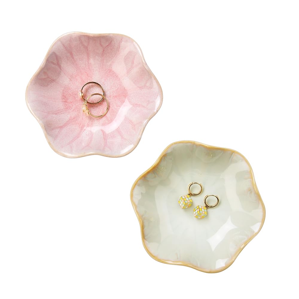 2PCS Lotus Leaf Shape Ring Holder Dish, Small Key Bowl, Ceramic Trinket Tray Jewelry Dish Organizing Necklace Earrings for Mom Friend Sister, All Jewelries Are NOT Included.Pink+Light Green.…