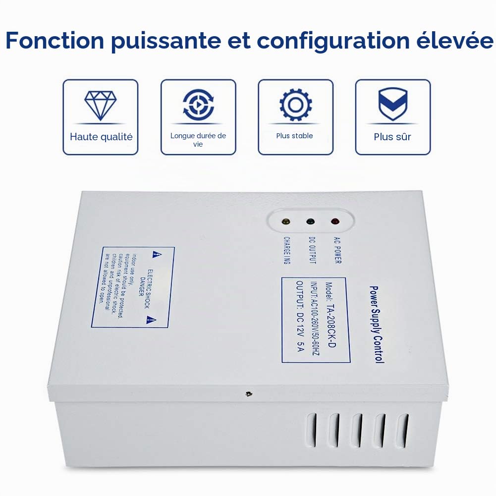 Boîte d'alimentation, AC 110-240V à DC 12V 5A Système de Contrôle d'Accès de Porte Alimentation à Découpage Contrôle UPS Boîte d'alimentation à Fréquence Variable
