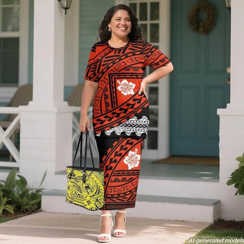 Image of Polynesian Dress for Women Short Sleeve High Waist Maxi Skirt | Puletasi dress, t-shirt and skirt two-piece, elastic material, lightweight, soft, plus size, luau party, wedding, clubwear