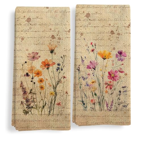 Qeheb Vintage Floral Kitchen Towels Set of 2, Retro Floral Hand Towels for Bathroom, Rustic Cottagecore Wildflower Flower Botanical Decorative Set Dish Tea Towel for Kitchen, 16X24In