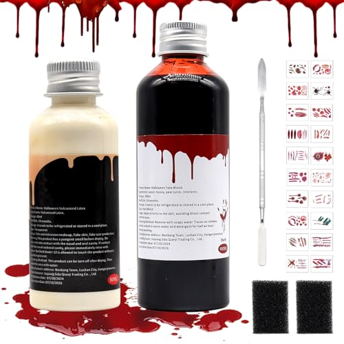 Faux Sang Halloween Maquillage, Faux Sang Lavable, Fake Blood Maquillage Halloween pour Visage, Effets Speciaux Latex Cire, Cicatrice Tatouage pour Vampire Zombie Carnaval Théâtre Maquillage