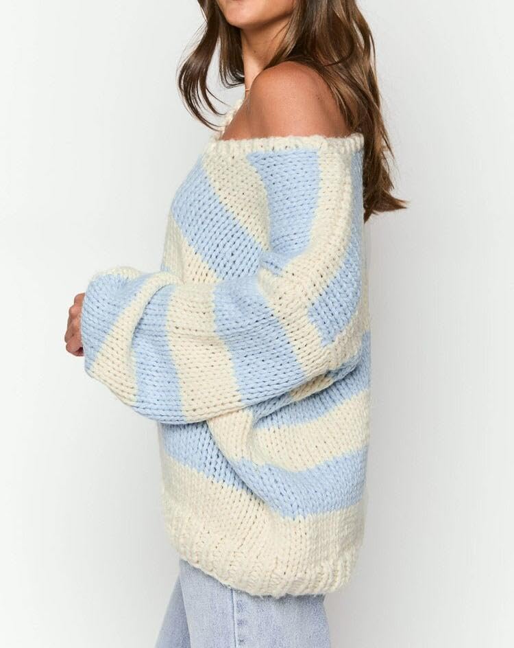 Womens Y2k One Shoulder Striped Sweaters Oversized Fall Winter Color Block Long Sleeve Sweater Pullover Knit Tops4