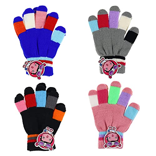 UBERMing 4 Paires de Gants en Tricot pour Enfants Gants Couleur Chauds Tricotés A Doigts Pleins Rayures Extensibles pour Tout-Petits Fit pour l'âge de 5 ~12 Ans Garçons Filles Cover