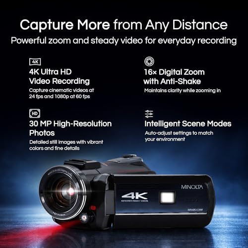 Image of Minolta MN4K40NV 4K 30MP 3 inch Touch Night Vision Camcorder w /LED Light,
