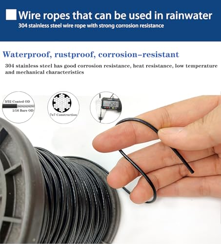 164FT Outdoor String Light Hanging Kit - Heavy Duty Black Vinyl-Coated Stainless Steel Wire Rope with Turnbuckles, Hooks - Additional View