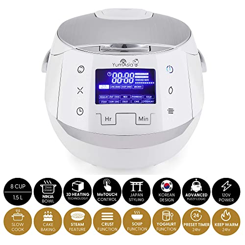 Yum Asia Sakura Rice Cooker with Ceramic Bowl and Advanced Fuzzy Logic (8 Cup, 1.5 Litre) 6 Rice Cook Functions, 6 Multicook Functions, Motouch LED Display, 120V Power (White and Siver) - Image 4