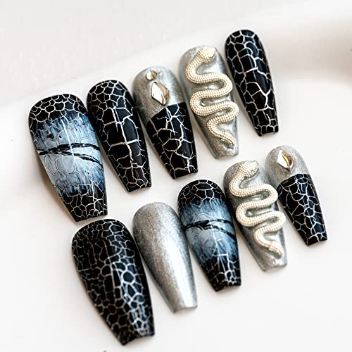 Sun&Beam Nails Handmade Press On Nail Coffin Ballerina 3D Snake Black Acrylic Fake Tip Design Art Charms Cute with Storage Box 10 Pcs (XS)