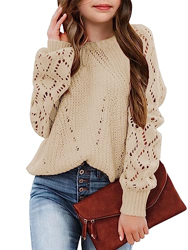 Girls Crochet Long Sleeve Crewneck Pullover Sweaters Kids Fall Winter Knit Jumper Tops Light Khaki