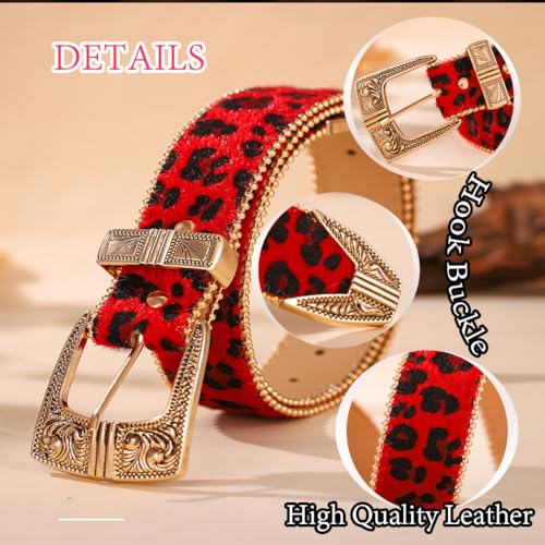 Bounzhi Women Leopard Print Belts for Pants Jeans Western Belt with Vintage Floral Carved Buckle4