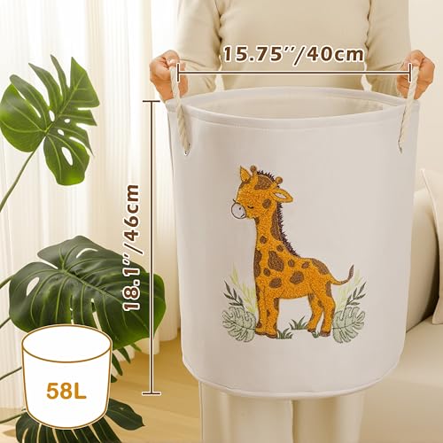 Image of Kids Laundry Basket Baby Hamper for Nursery, Canvas 58L Large Dirty Clothes Hampers with Drawstring Closure, Jungle Theme Baby Basket, Animal Baskets Toy Laundry Hamper, Safari Nursery Decor, Giraffe