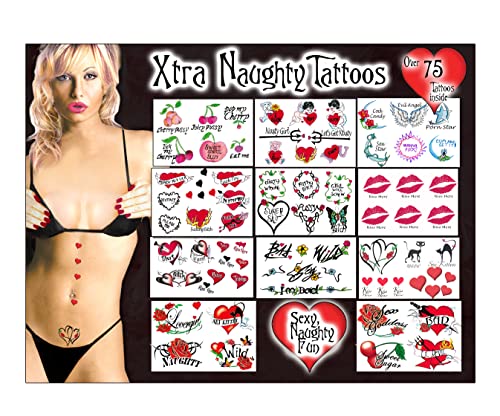 Temporary Tattoo Factory Super Sexy Naughty Tattoos - Long Lasting, Naughty Ultra Realistic Fake Adult Erotic Temporary Tattoos a Trashy and Slutty Words Tattoos for Women's Hip, Lower Back, Thigh, Arm Tramp Stamp (75Pack)