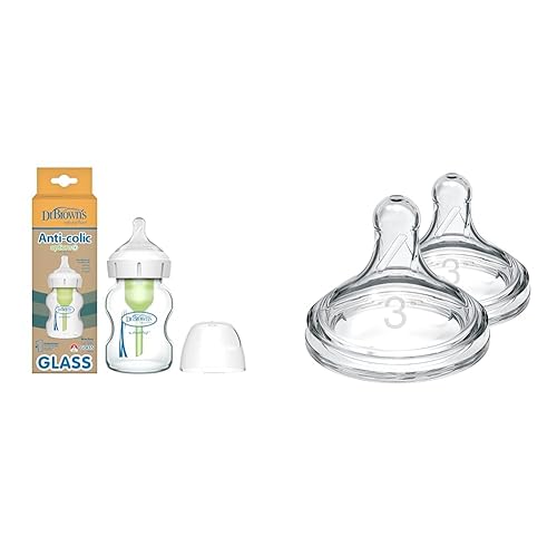 Dr. Brown's Anti-Colic Options+ Biberón de vidrio de cuello ancho de 5 onzas, pezón de flujo lento nivel 1 con pezones de flujo medio rápido de