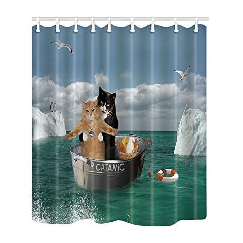 KOTOM Funny Animal Decor Shower Curtains Romantic Catanic Two Cats on Sea Bath Curtains, 69X70 Inches Cover