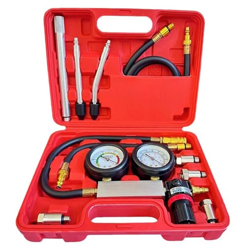 Comprobador de Juntas de Culata, Comprobador de Fugas en Cilindros de Coche con Manómetro Doble de 0-100 PSI/0-7 Bar Kit de Medidor de Presión con 4 Adaptadores Metálicos Para Muchos Tipos de Vehículo