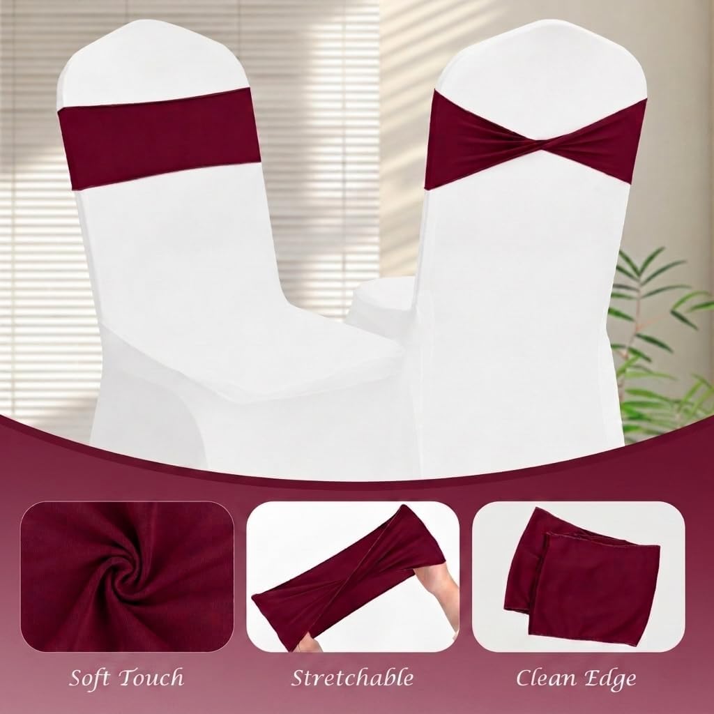 Pesonlook 100 Pack Elastane Chair Sashes Bows Stretch Elastic Burgundy Dining Chair Bands Ties Without Buckle Chair Decorations Cover Bands for Wedding, Party, Ceremony Banquet