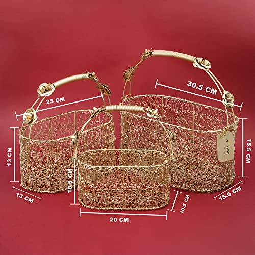 Image of metal meshwire multipurpose hamper Fancy Basket /Tray /Platter (Set of 3) with handles for Packing, Gifting, Decoration - Golden (8 * 4 * 4, 10 * 5 * 6, 12 * 6 * 6 inch)