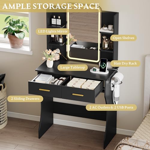 Image of Xixini Vanity Desk with LED Lights Mirror & Power Outlet, Small Makeup Vanity Table Set with Storage Drawers, 3 Lighting Modes & Adjustable Brightness, Dressing Table for Women Girls Bedroom, Black