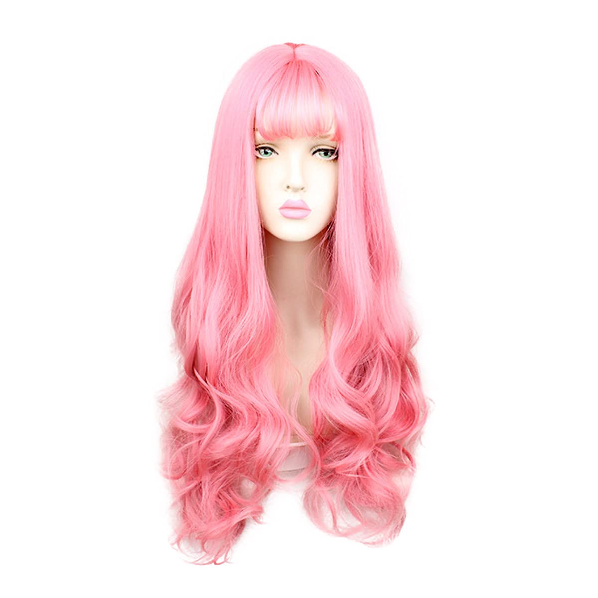 Long Curly Wavy Grey Purple Wig for Women, Cosplay, Lolita: Pink