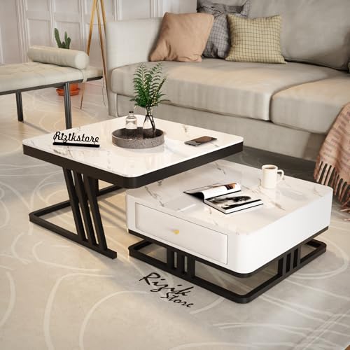 Image of RIZIK STORE Iron Frame Handmade Drawer Square Coffee Table /Nesting Table /Side Table /Center Table with Engineered Wood Top for Living Room /Drawing Room /Balcony (White- 24 inchx24 inch)