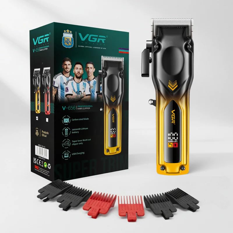 Image of VGR V-656 Professional Hair Clipper for Men | Ceramic & Stainless Steel Blades | 2000mAh Lithium Battery | 400 Min Runtime | Turbo Mode | LED Display | USB Type-C Fast Charging | Yellow