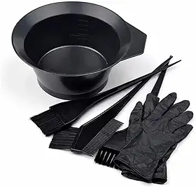 Kit Tintura Cabelo Profissional com Tigela de Mistura, 3 Pincéis Aplicadores e 2 luvas pretas, 5 Peças.