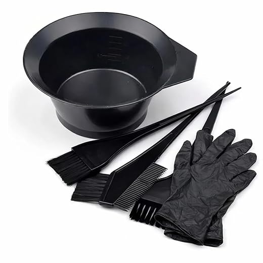 Kit Tintura Cabelo Profissional com Tigela de Mistura, 3 Pincéis Aplicadores e 2 luvas pretas, 5 Peças.