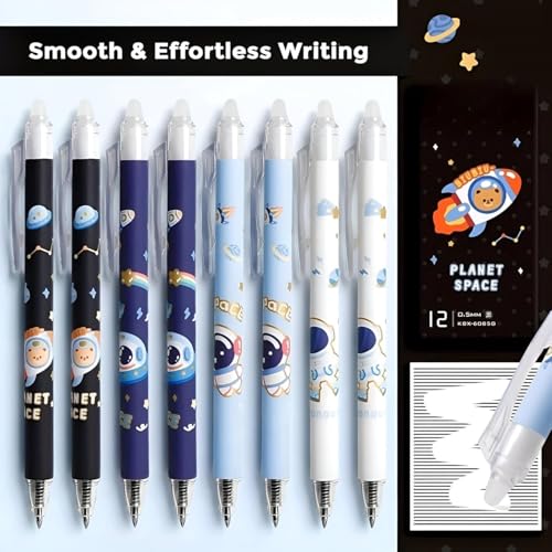 Image of FAMOUS QUALITY 12 Pc Astronaut Theme Stylish Retractable 0.5mm Erasable Gel Pen, Blue Ink | Smooth Writing | Refillable Gel Pen | Kawaii Stationery for Kids Birthday Party Return Gift - Blue Ink