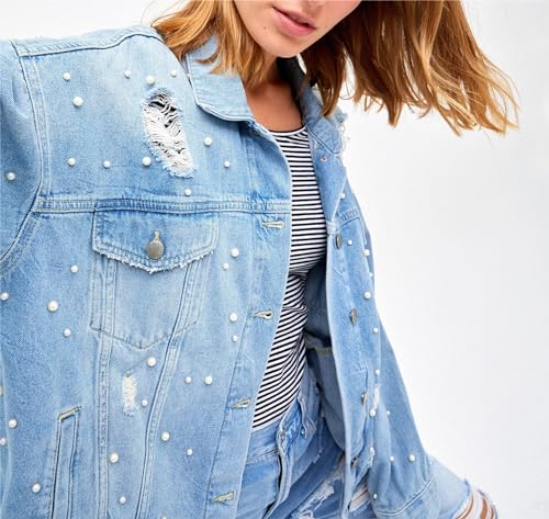 LifeShe Women's Pearl Denim Jacket Long Sleeve Ripped Distressed Jean Jackets Coat4