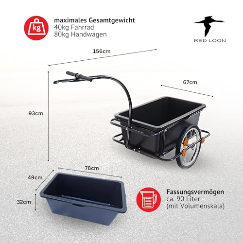 2in1 Fahrradanhänger Lastenanhänger Transportwagen Handwagen - Red Loon Transportanhänger BAC409 - abnehmbare 90 Liter Wanne - max. 80kg - Anhänger für 26-28' Fahrräder - Bollerwagen Handkarren