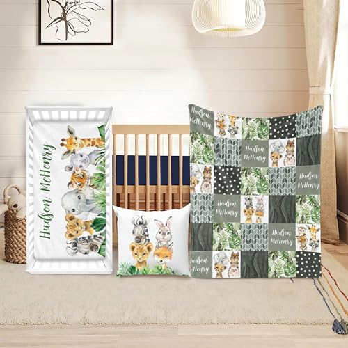 3 Pcs Baby Crib Bedding Set for Boys and Girls, Newborn Infant & Toddler Nursery Bed Set Decor, Fitted Crib Sheet Pillowcase & Baby Blanket with Double Layer Dotted Backing (Safari HA231 3pcs)