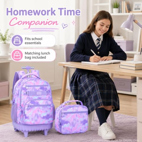 Image of 3Pcs Rolling Backpack for Girls Women, Travel Roller Backpacks with Wheels for Adults, Teens College Tie-Dye Wheeled Bookbag with Lunch Box(Purple)