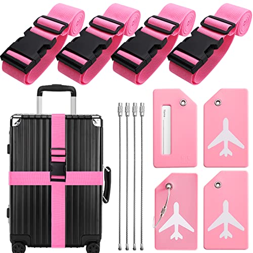 Lot de 4 sangles de bagage réglables en toute sécurité, 4 étiquettes de bagage en silicone avec étiquette d'adresse, sangle de bagage, sangles de bagage, sangles de bagage (rose) Cover