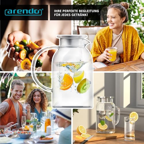 Arendo - 2.3L Glaskaraffe mit Deckel aus Edelstahl – Karaffe aus Glas - hitzebeständig bis +150°C – 2 Liter – Wasserkaraffe Hitze- und kältebeständig