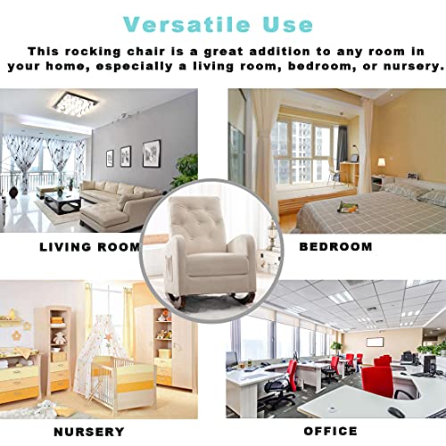 Rocking Accent Chair, Tufted Upholstered Luxury Velvet Lounge Chair, Glider Rocker Armchair With Side Pocket For Nursery, Living Room, Bedroom, Solid Wood Frame For 300 Lbs Support (Sandy Beige) #TOP6