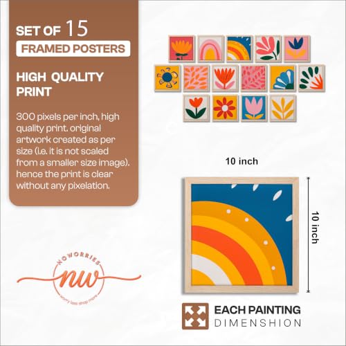 Image of NoWorries Colorful Floral Wall Painting Set of 15 with Frame | Modern Abstract Flower, Rainbow, Leaf & Botanical Artwork | Kids Room, Living Room, Bedroom Office and Home Decoration Wall Decor (Art-1, Frame Size-10x10 inches)