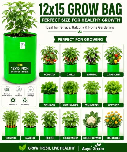 Image of Grow Bag UV Protected 260 GSM | HDPE Grow Bags for Plants | Heavy Duty Green Garden Plant Grow Bag with Drainage Holes | Reusable Vegetable Grow Bag for Terrace Gardening (4, 12X15 INCH)
