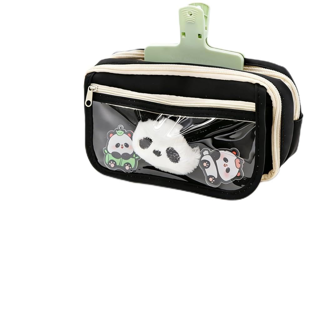 Panda Stationery Set, Cute Animal Pencil Case with Stationary, Large Capacity Pencil Case for Girls Boys with Panda Pen ,Magnetic Clip, Brooch, Pendant, Cute Doll, Sticky Notes & Stickers (Black)