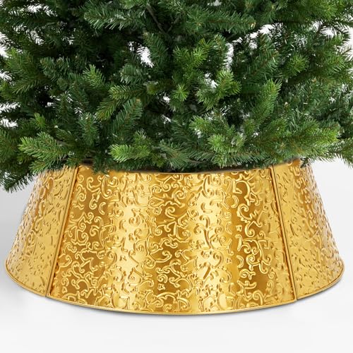 Metal Christmas Tree Collar, 23’’ D Christmas Decorative Base Cover for Christmas Tree, Tree Skirt, Tree Ring-Golden