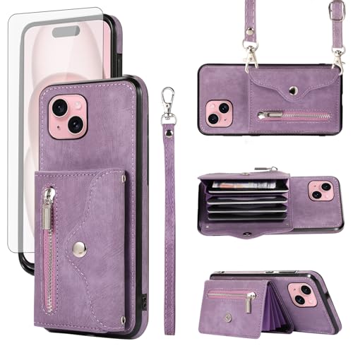 Protégez votre iPhone 15 avec cette coque portefeuille violette anti-choc et son verre trempé