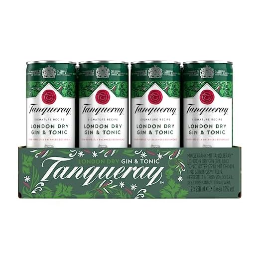 Tanqueray London Dry Gin & Tonic, Erfrischendes Sommer-Mixgetränk mit 10% Alkohol, 12 Dosen x 250 ml (EINWEG Verpackung), Trinkfertiges Getränk für unterwegs & gesellige Anlässe