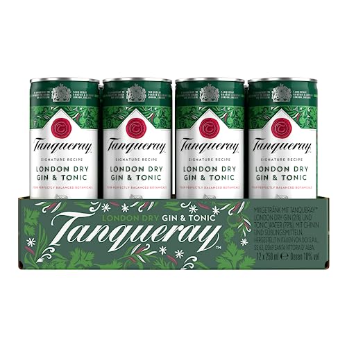 Tanqueray London Dry Gin & Tonic Erfrischendes Sommer-Mixgetränk mit 10% Alkohol 12 Dosen x 250 ml (EINWEG Verpackung) Trinkfertiges Getränk für unterwegs & gesellige Anlässe