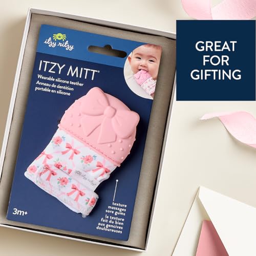 Image of Itzy Ritzy Silicone Teething Mitt - Soothing Infant Teething Mitten with Adjustable Strap, Crinkle Sound & Textured Silicone to Soothe Sore & Swollen Gums - for Ages 3 Months & Up (Bow)
